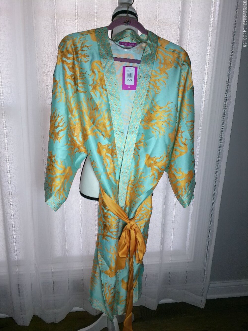 SASSY JONES NWT 3/4" Sleeve Open Front w/Tie Belt Light Blue & Orange Robe O/S